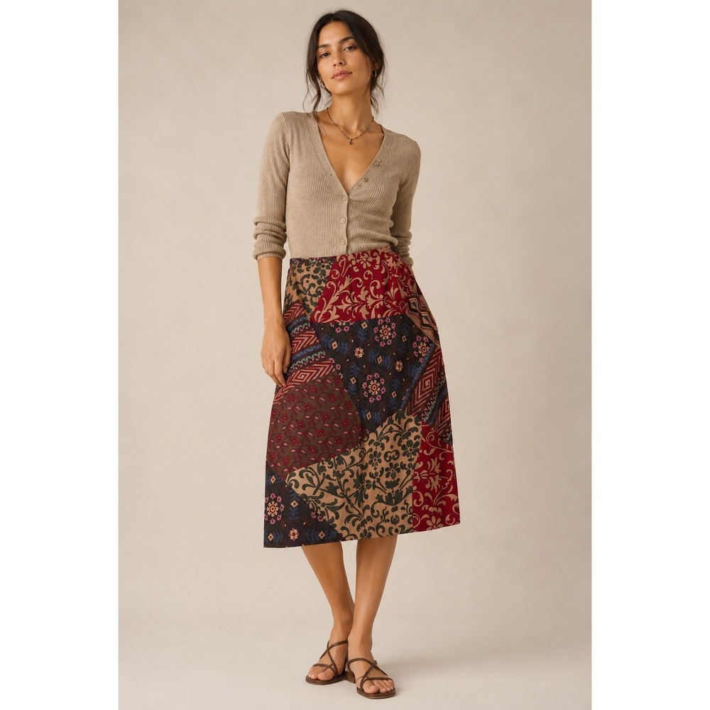 Harold's 100% Silk Patchwork Print Pencil Skirt Red Geometric Midi Size 10